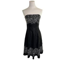 Loft Sz 2 Black Dress Black Linen Embroidery Strapless Classic Katherine Hepburn